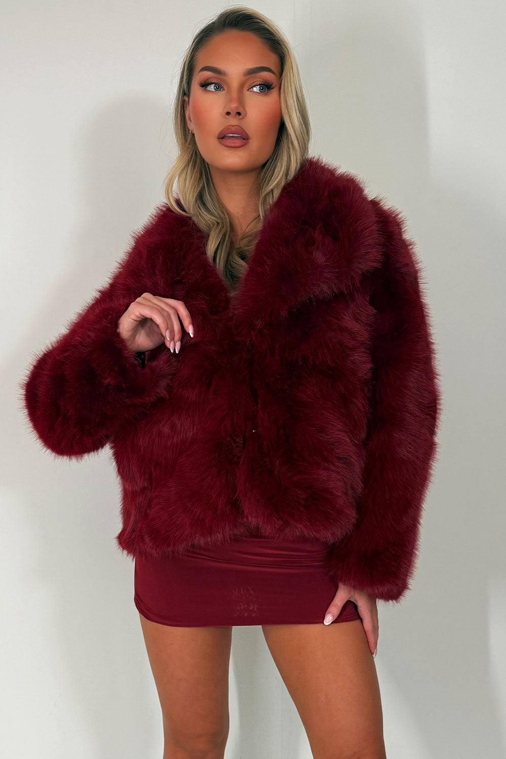 Faux Fur Jacket Collared Burgundy