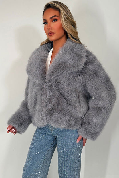 Faux Fur Jacket Collared Grey