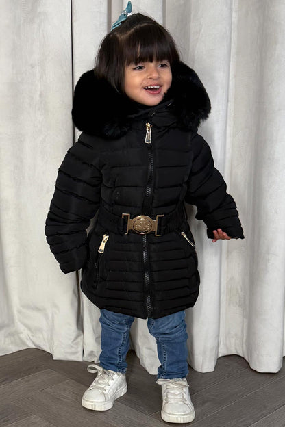 Girls Black Puffer Jacket With Faux Fur Hood And Gold Belt