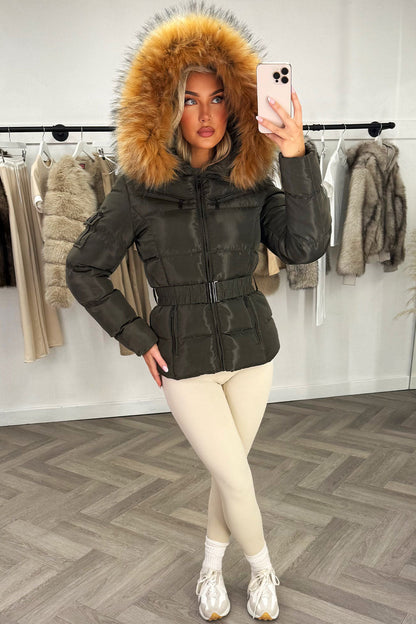 Faux Fur Hood Puffer Jacket With Belt Khaki