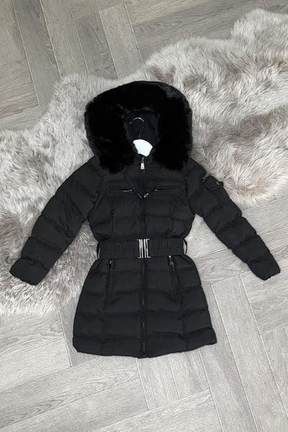 Girls Long Puffer Coat With Fur Hood And Belt