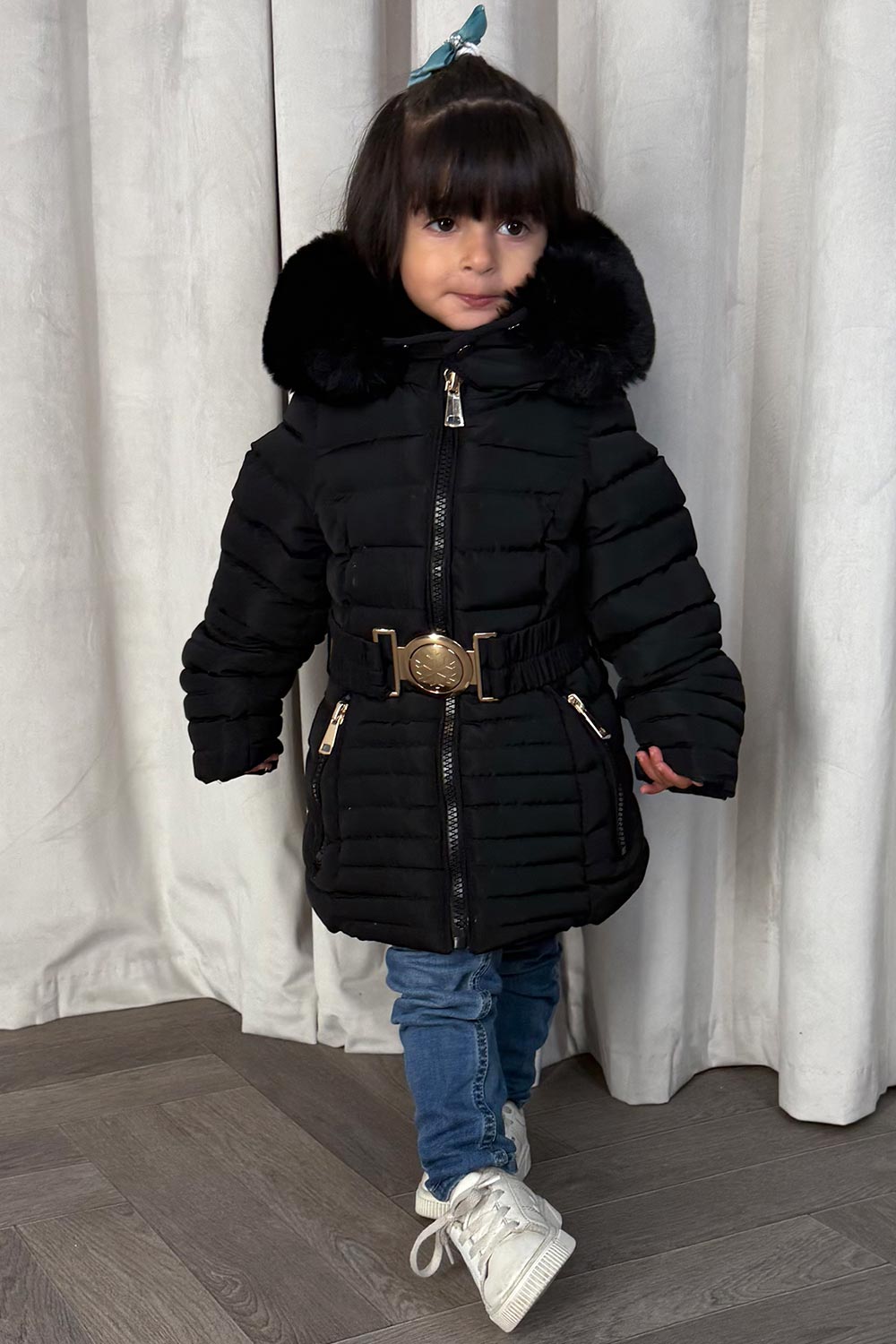 Girls Black Puffer Jacket With Faux Fur Hood And Gold Belt