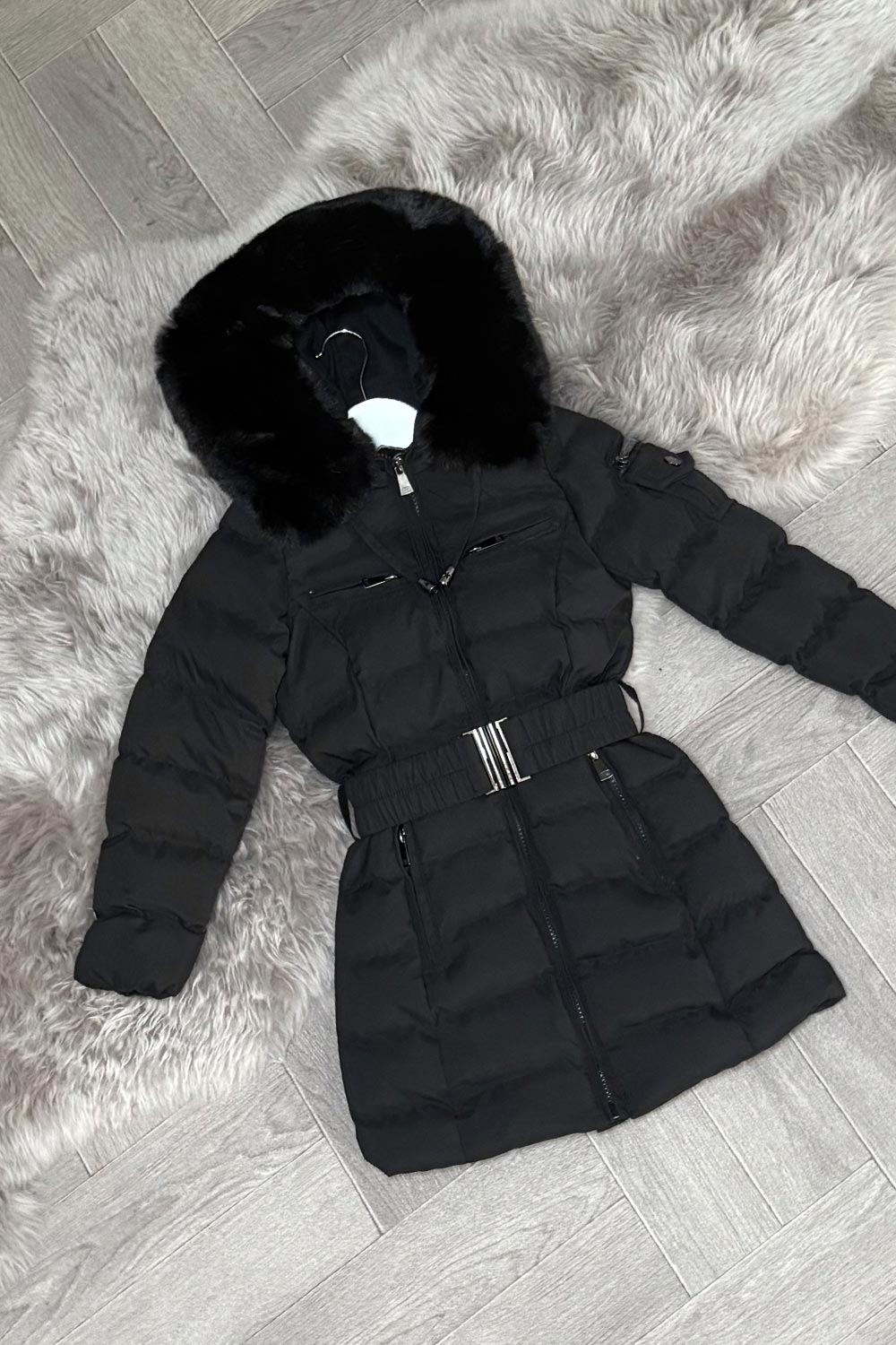 Girls Long Puffer Coat With Fur Hood And Belt