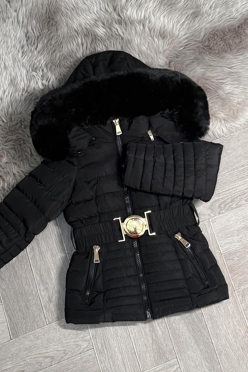 Girls Black Puffer Jacket With Faux Fur Hood And Gold Belt
