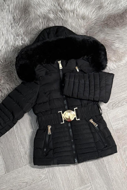 Girls Black Puffer Jacket With Faux Fur Hood And Gold Belt