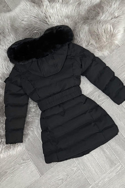 Girls Long Puffer Coat With Fur Hood And Belt