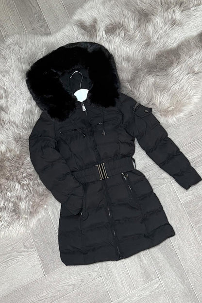 Girls Long Puffer Coat With Fur Hood And Belt