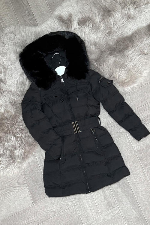 Girls Long Puffer Coat With Fur Hood And Belt