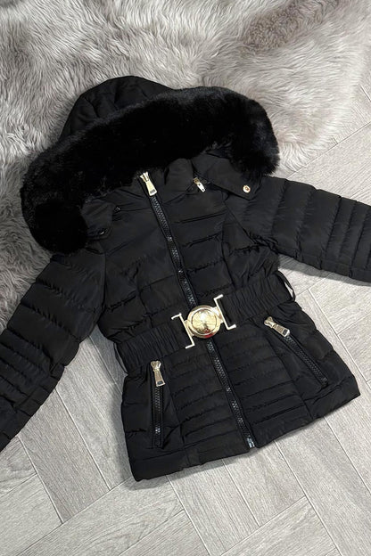 Girls Black Puffer Jacket With Faux Fur Hood And Gold Belt