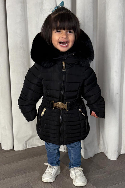 Girls Black Puffer Jacket With Faux Fur Hood And Gold Belt
