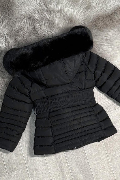 Girls Black Puffer Jacket With Faux Fur Hood And Gold Belt