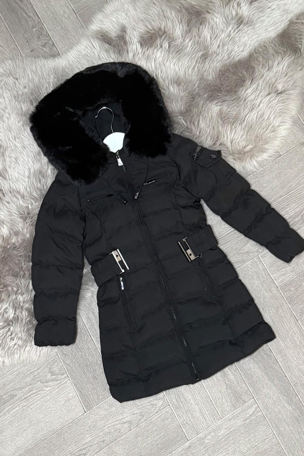 Girls Long Puffer Coat With Fur Hood And Belt