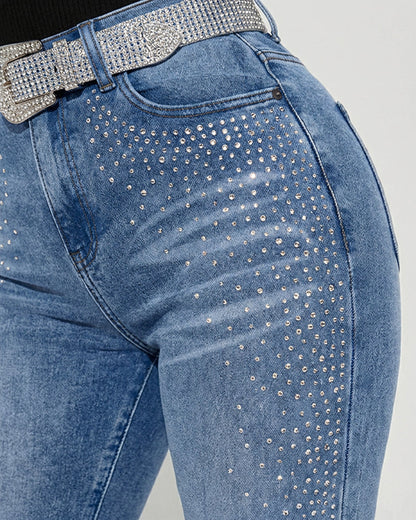 Rhinestone Decor High Waist Zipper Fly Skinny Jeans Washed Denim Pants without Belt