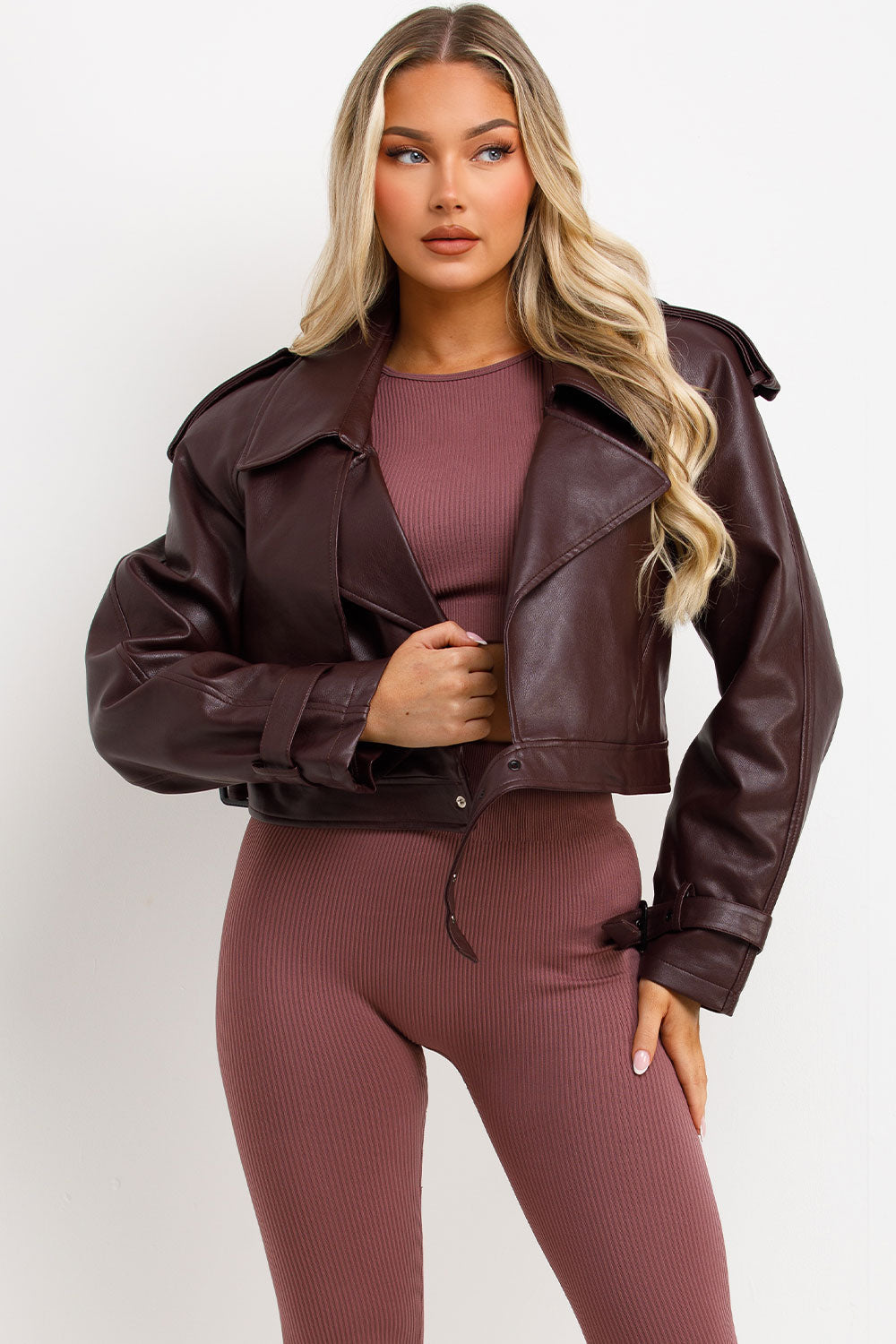 Burgundy Faux Leather Jacket With Tabs