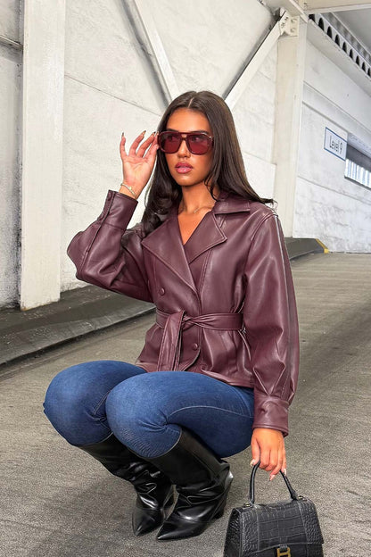 Leather Effect Jacket With Lapel Collar And Belt Burgundy