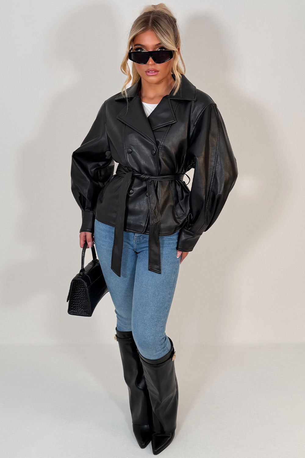 Leather Effect Jacket With Lapel Collar And Belt Black