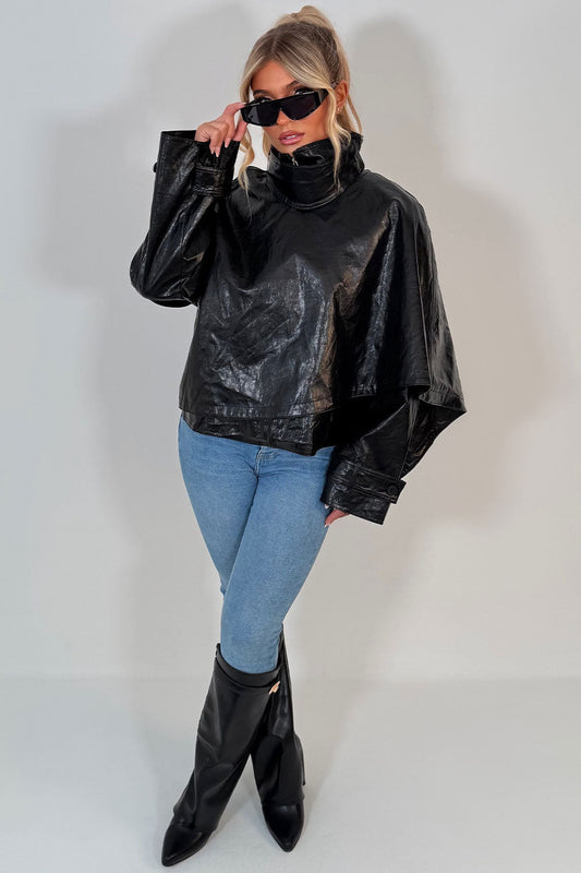 Black Faux Leather Jacket With Scarf Detail