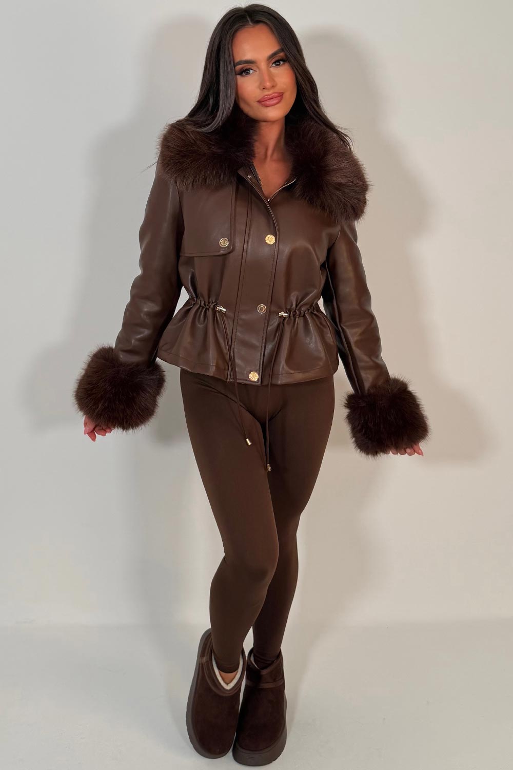 Brown Faux Leather Jacket With Faux Fur Collar Cuff & Adjustable Waist
