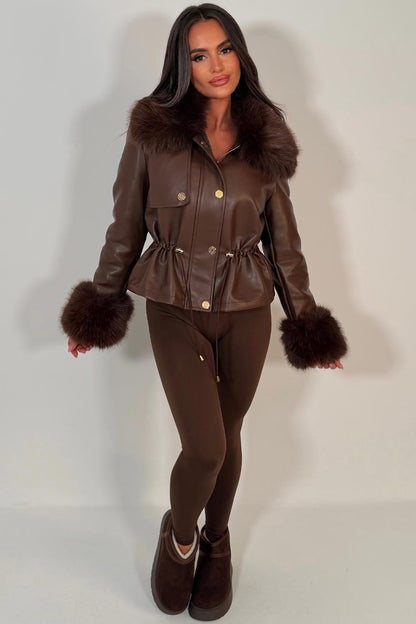 Brown Faux Leather Jacket With Faux Fur Collar Cuff & Adjustable Waist