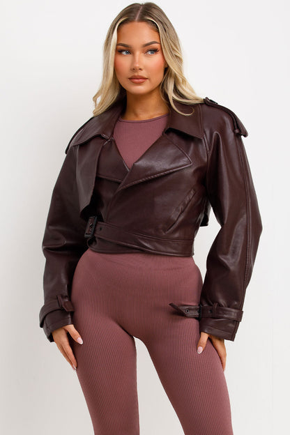 Burgundy Faux Leather Jacket With Tabs