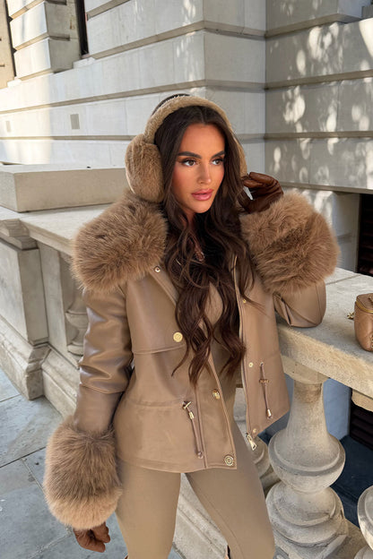 Taupe Faux Leather Jacket With Faux Fur Collar Cuff & Adjustable Waist