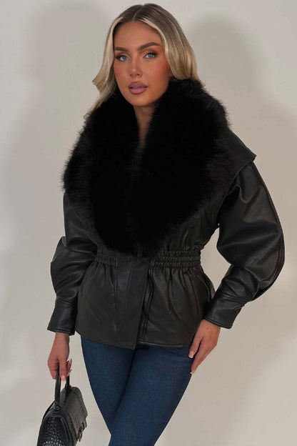 Black Fur Collar Faux Leather Jacket With Cinched Waist