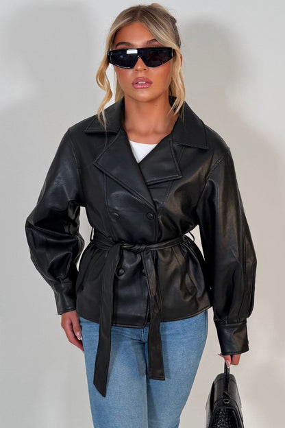 Leather Effect Jacket With Lapel Collar And Belt Black