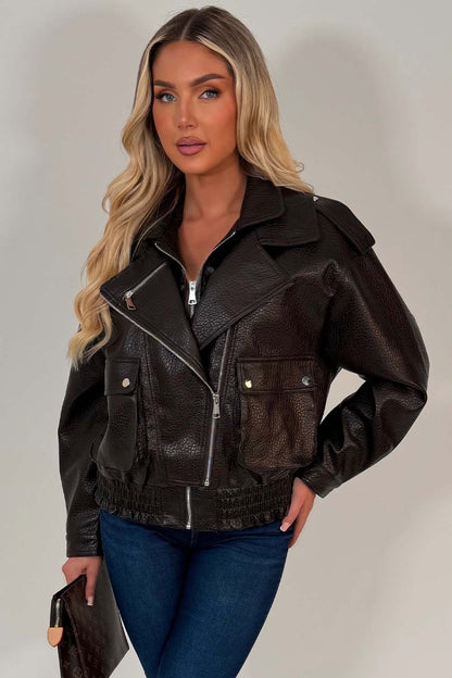 Brown Faux Leather Bomber Jacket With Double Collar