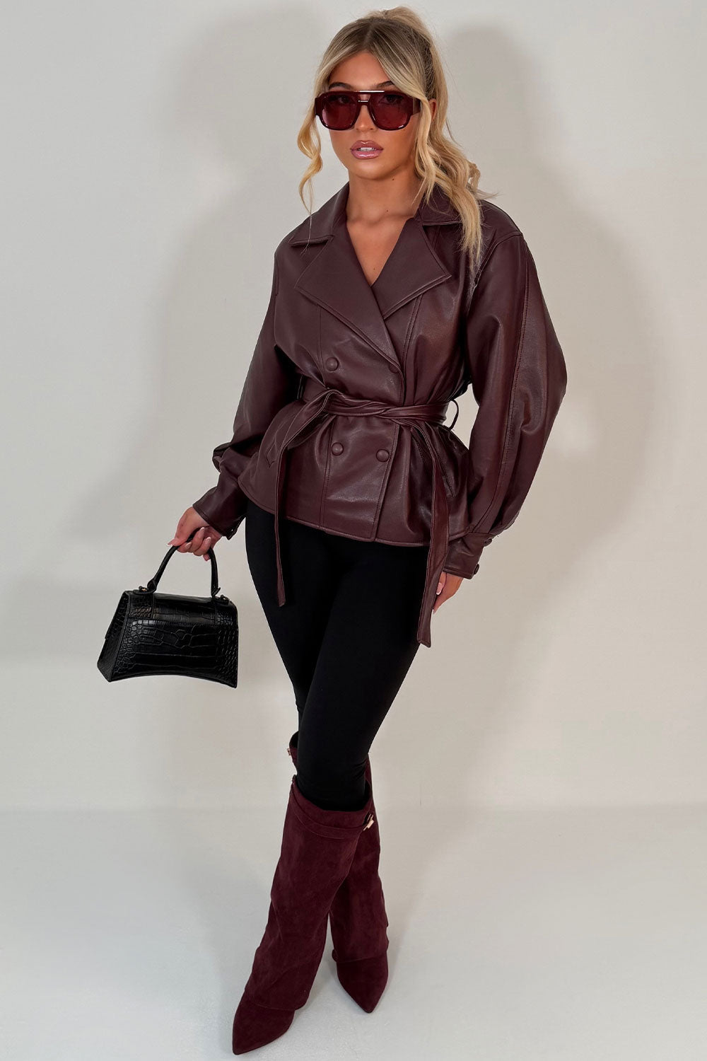 Leather Effect Jacket With Lapel Collar And Belt Burgundy