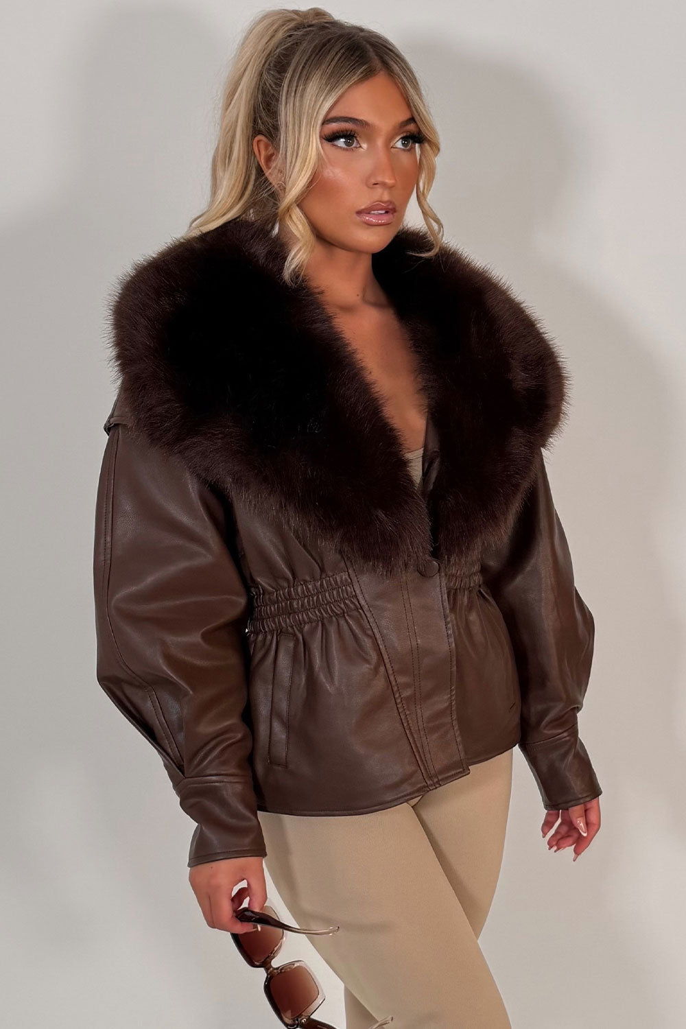 Brown Fur Collar Faux Leather Jacket With Cinched Waist