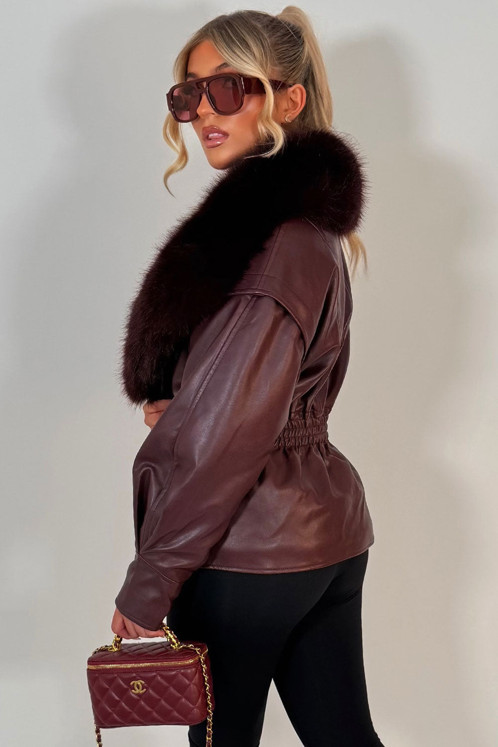 Burgundy Fur Collar Faux Leather Jacket With Cinched Waist