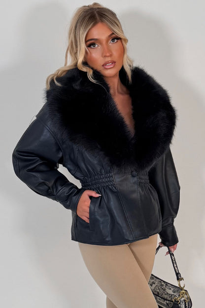 Navy Fur Collar Faux Leather Jacket With Cinched Waist