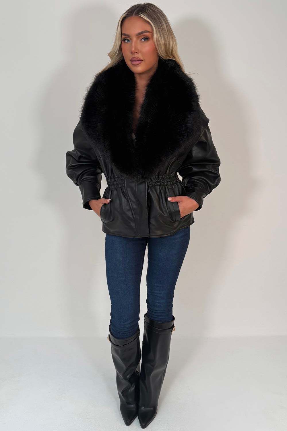 Black Fur Collar Faux Leather Jacket With Cinched Waist