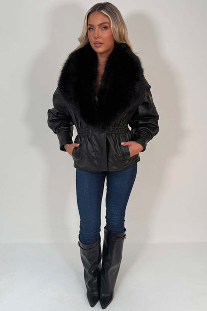 Black Fur Collar Faux Leather Jacket With Cinched Waist