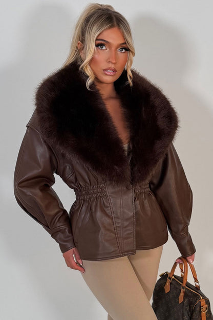Brown Fur Collar Faux Leather Jacket With Cinched Waist