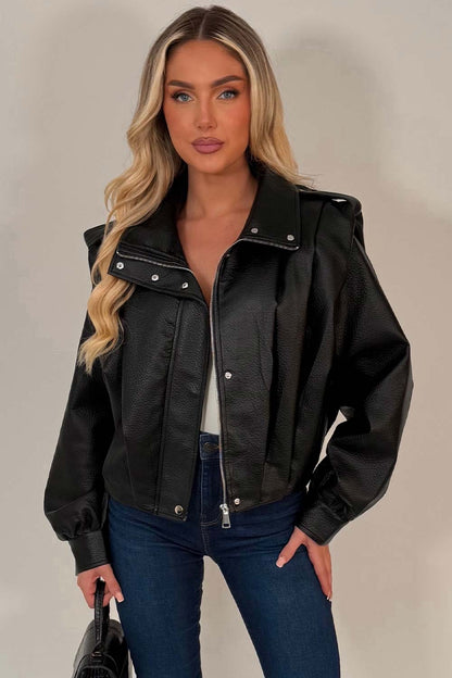 Black Faux Leather Funnel Neck Bomber Jacket