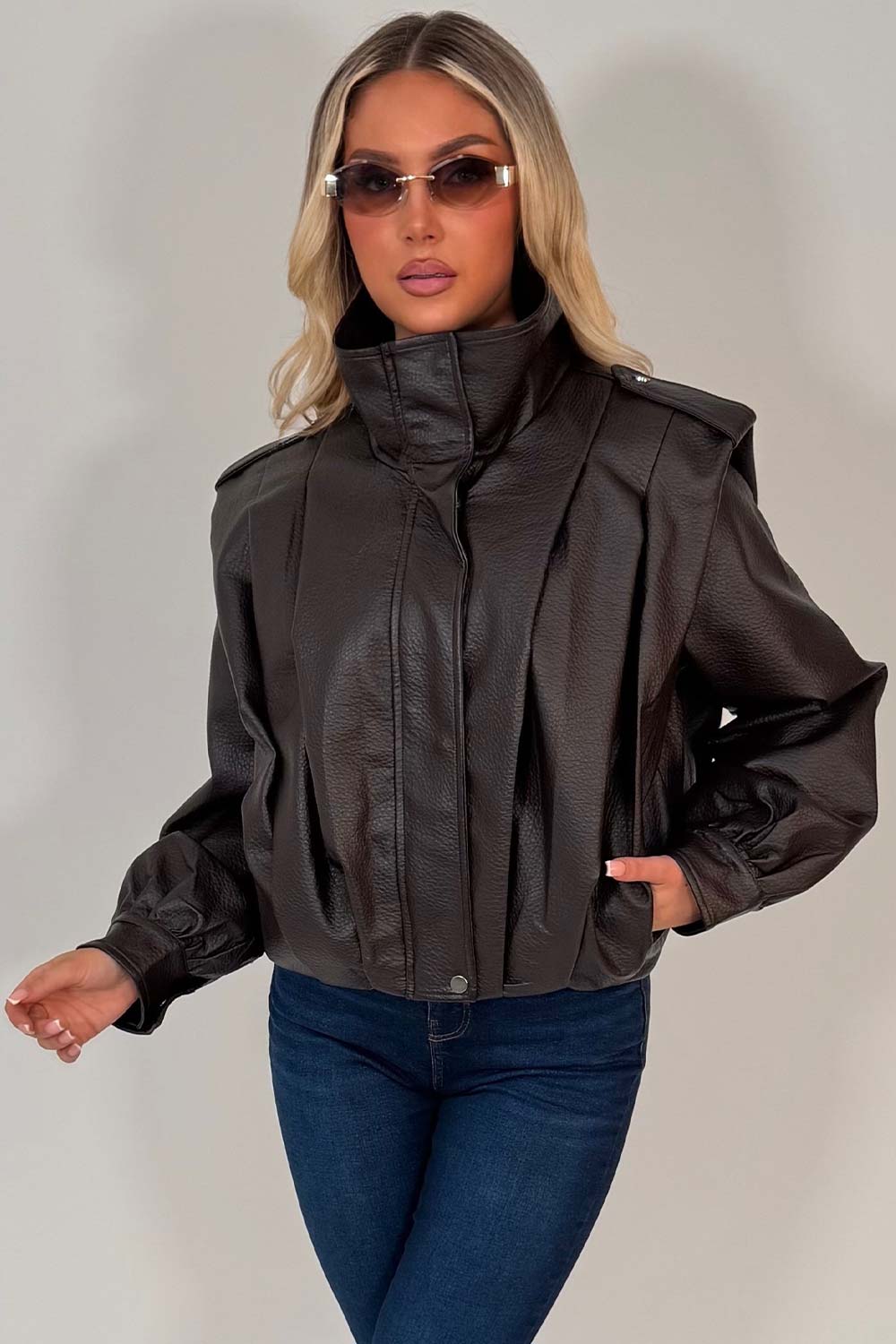 Brown Faux Leather Funnel Neck Bomber Jacket