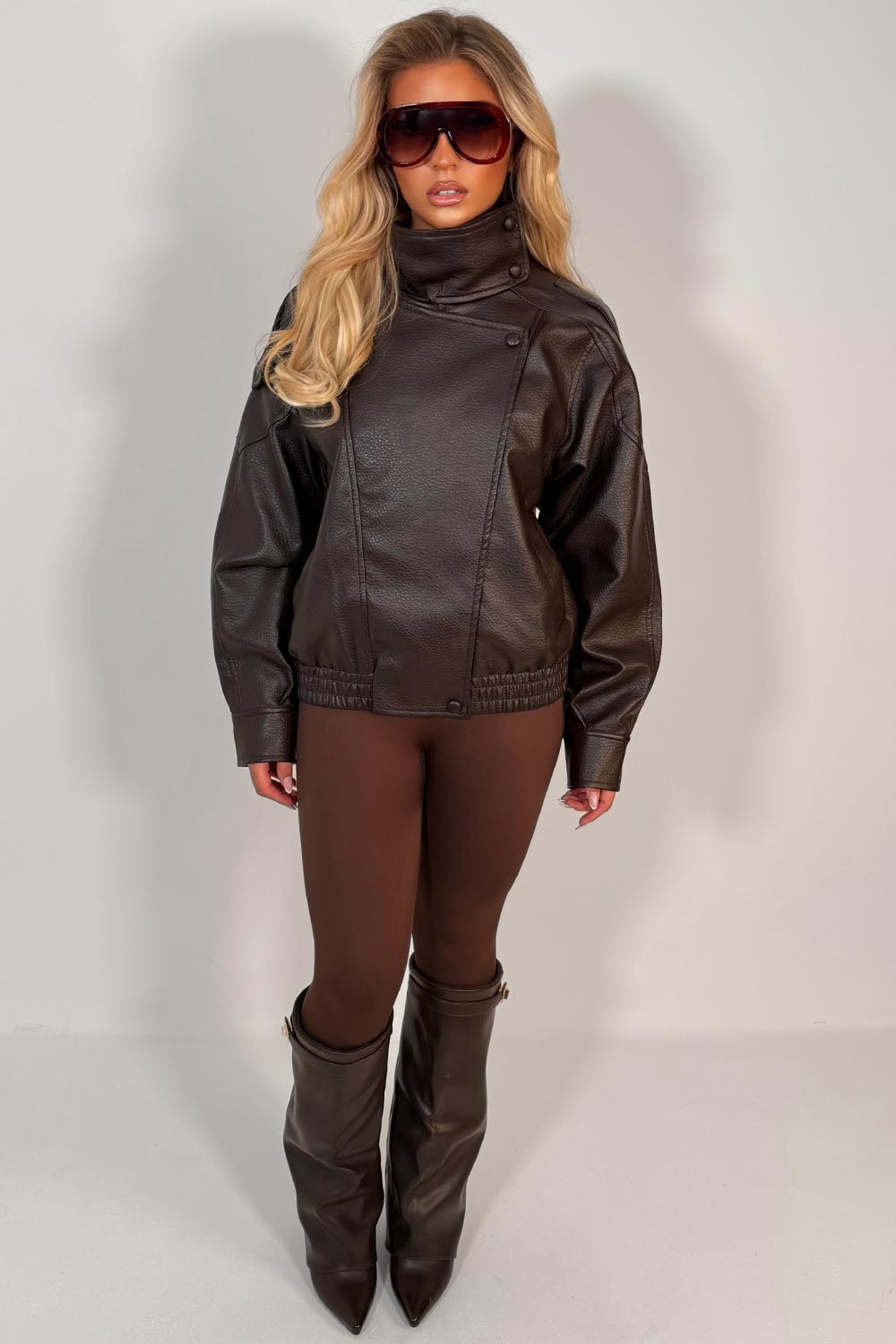 Faux Leather Funnel Neck Jacket Brown