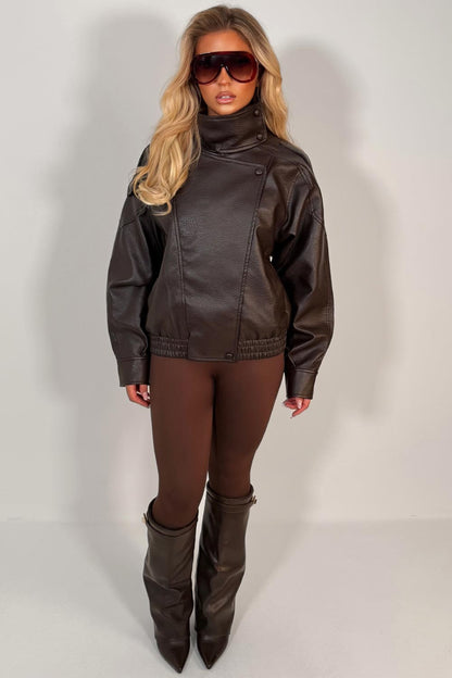 Faux Leather Funnel Neck Jacket Brown