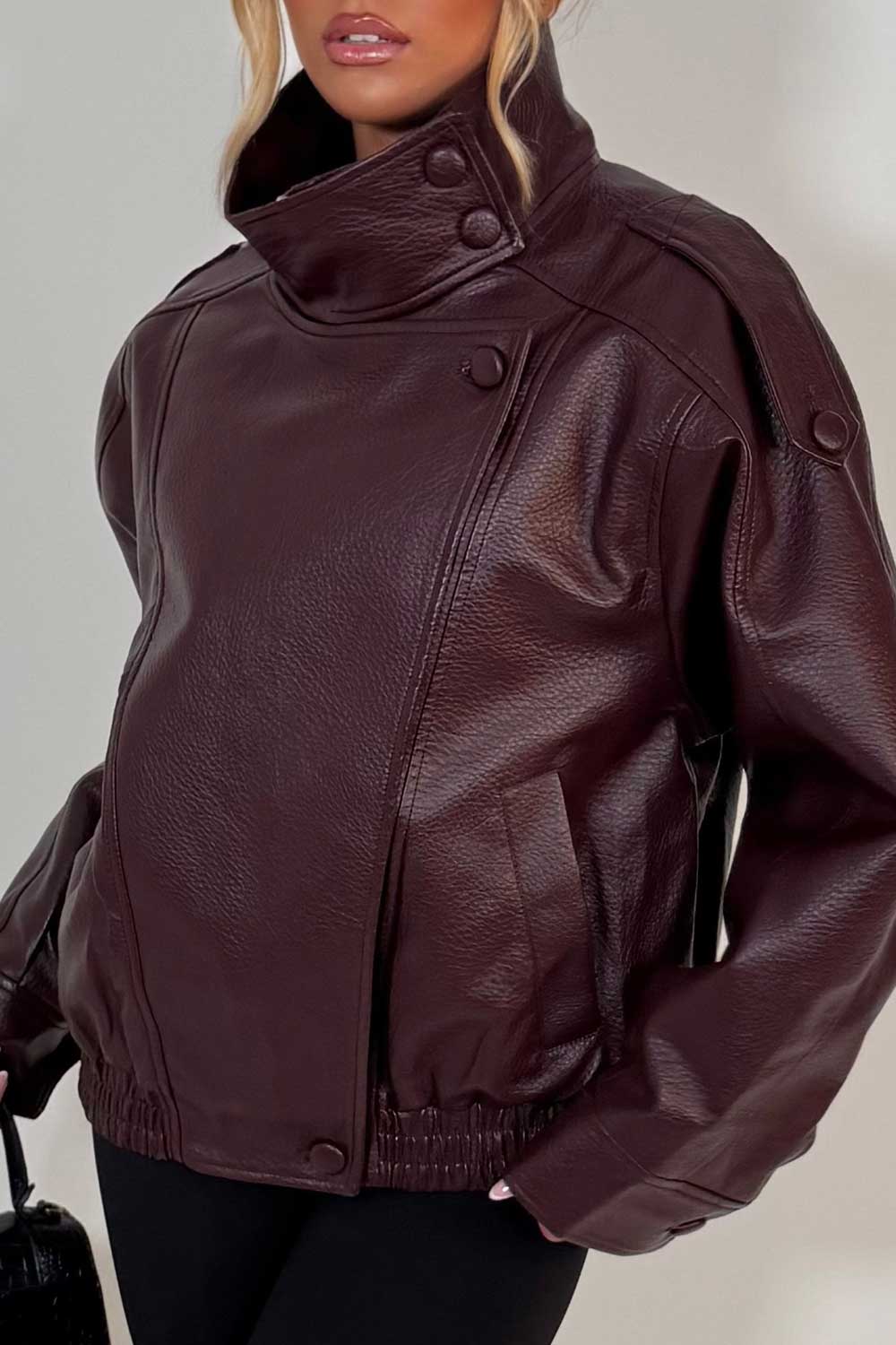 Faux Leather Funnel Neck Jacket Burgundy