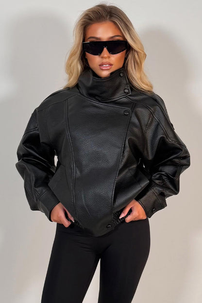 Black Faux Leather Funnel Neck Jacket