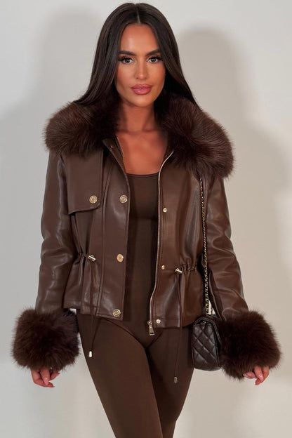 Brown Faux Leather Jacket With Faux Fur Collar Cuff & Adjustable Waist