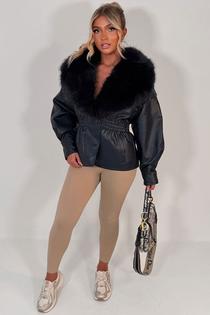 Navy Fur Collar Faux Leather Jacket With Cinched Waist