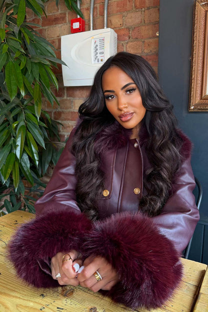 Burgundy Faux Leather Jacket With Faux Fur Collar Cuff & Adjustable Waist