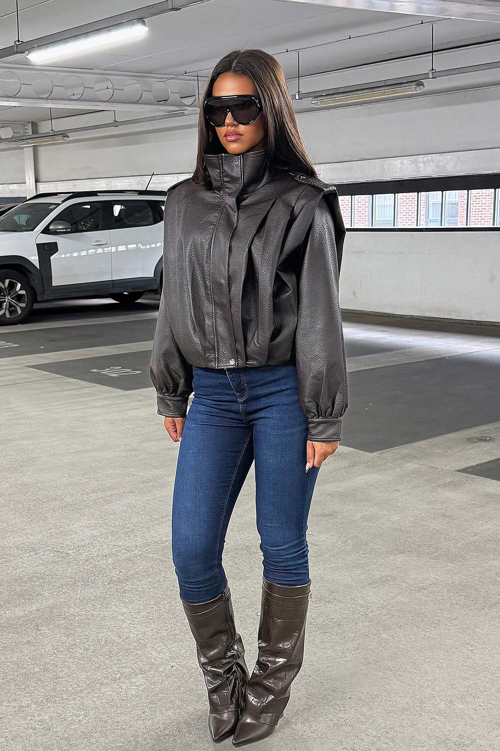 Brown Faux Leather Funnel Neck Bomber Jacket