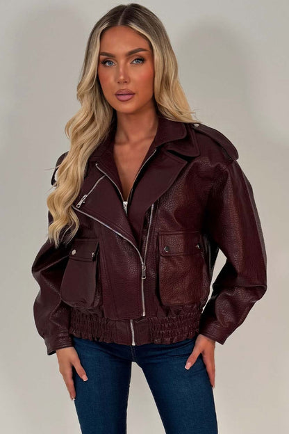 Burgundy Faux Leather Bomber Jacket With Double Collar