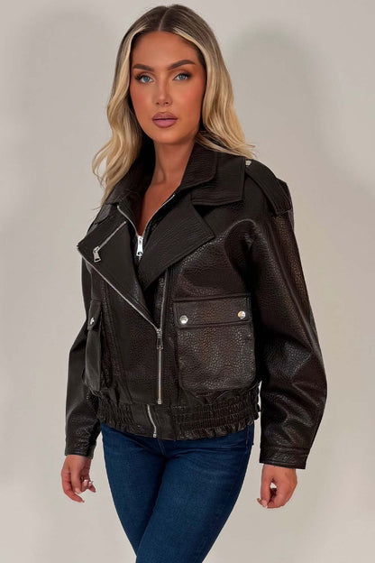 Brown Faux Leather Bomber Jacket With Double Collar