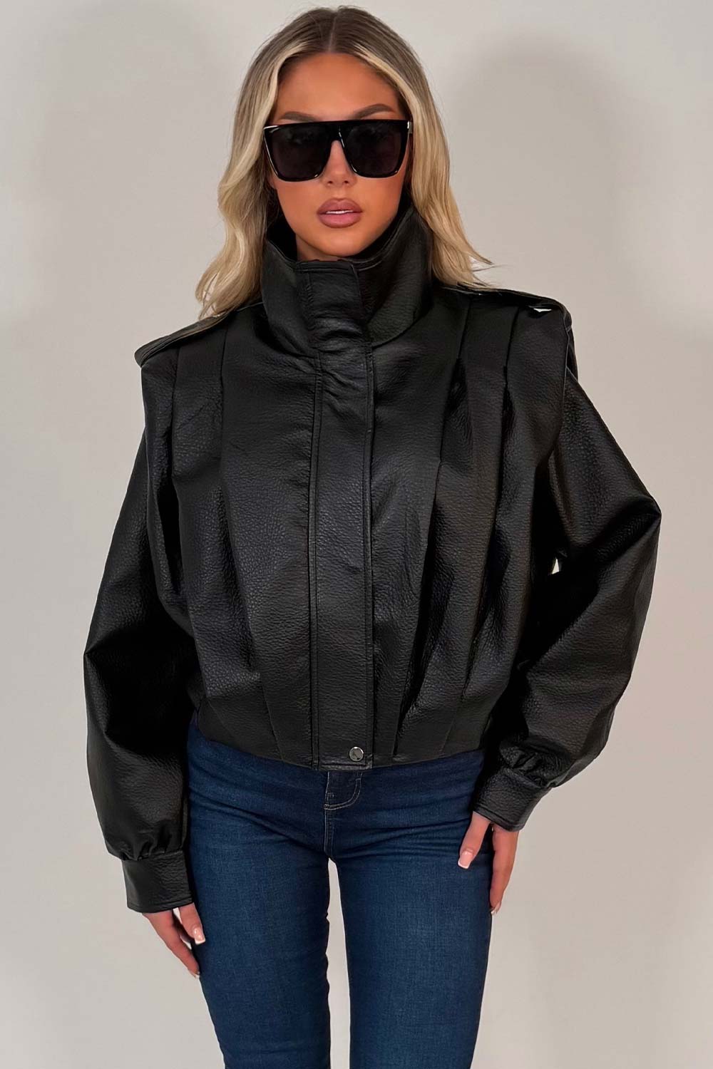 Black Faux Leather Funnel Neck Bomber Jacket