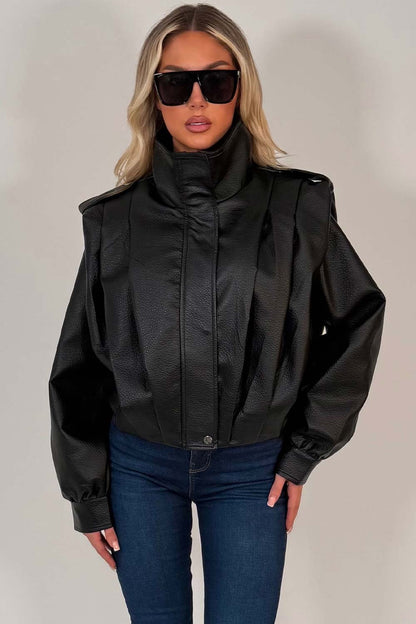 Black Faux Leather Funnel Neck Bomber Jacket