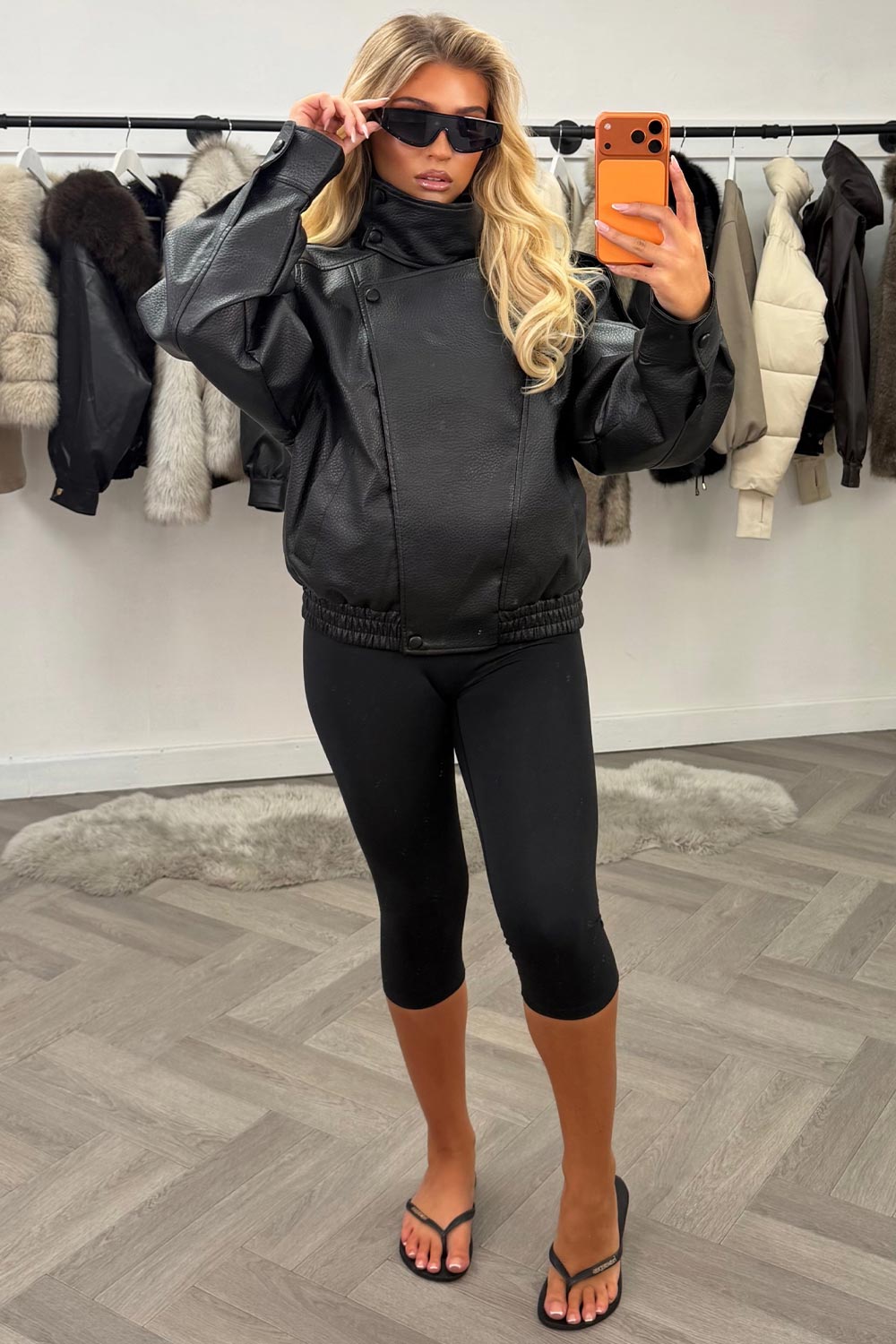 Black Faux Leather Funnel Neck Jacket